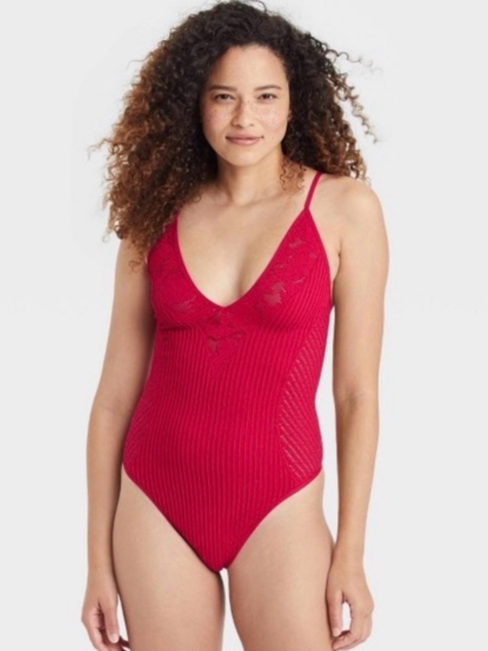 Colsie Sexy Seamless Red Ribbed V-Neck One-Piece Bodysuit